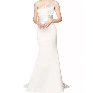 Bill Levkoff Ivory Euro Satin One Shoulder A-Line Dress
